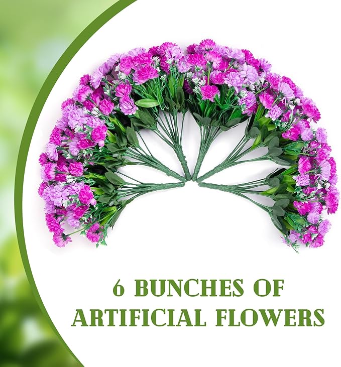 Artificial Flowers for Outdoors Decoration, 6 Bundles Silk Marigold Flower UV Resistant Look Real Faux Plants for Garden Porch Planter Patio Balcony Yard Home Decor (Double Purple)