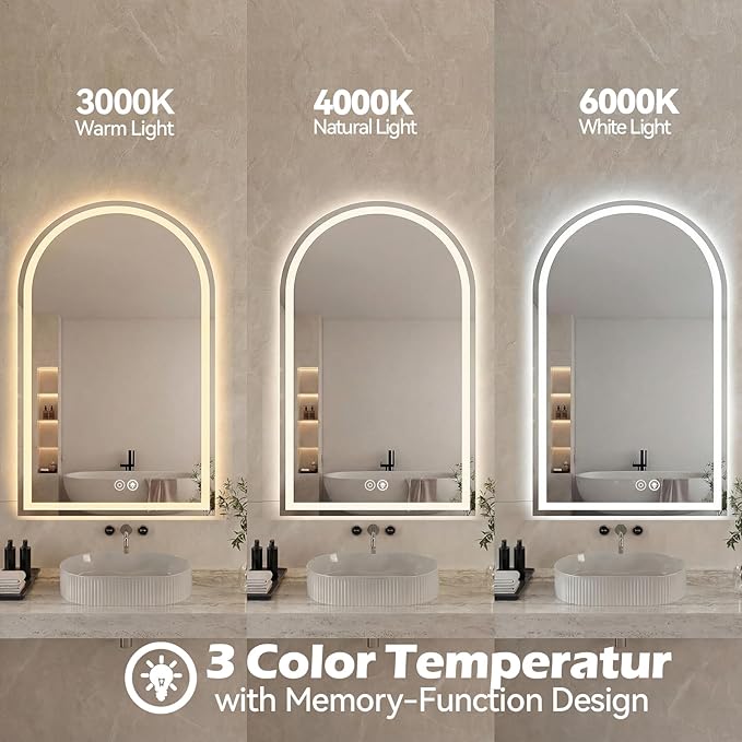Sweetcrispy 24“ x 32” LED Bathroom Backlit Mirror with Lights, Arched Vanity Mirror with Anti-Fog, Dimmable, 3-Color Light, Memory Function, Tempered Glass