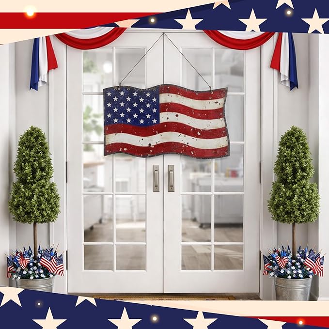 MorningRo Metal Patriotic American Flag Wreath for Front Door Vintage Red White Blue American Flag 4th of July Wall Art Sign Rustic 250 Anniversary Independence Day Hanging Plaque for Porch Outdoor