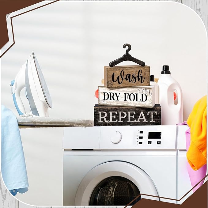 Moucuny 4 Pcs Farmhouse Laundry Room Decor Stacked Blocks, Wash Dry Fold Repeat Wooden Sign Set with Vintage Hanger - Rustic Home Shelf Decor for Laundry Area Housewarming Gift