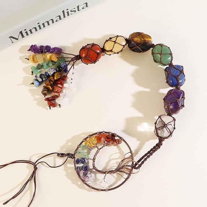 Handmade Crystal Window Car Hanging Ornaments 7 Chakra Home Decoration Feng Shui Ornament Yoga Meditation Car Decoration Tumbled Palm Stones (Style14)