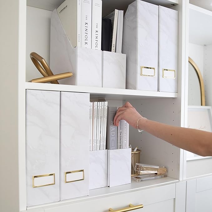 BLU MONACO Set of 4 Magazine Holders | White Marble Design with Gold Label Holders | Foldable File Organizer Boxes for Desk, Office & Classroom | Stylish Paper & Magazine Storage