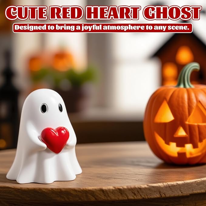 Valentines Ghost Figurine - 3.5 in Spooky Resin Ghost Statue, Funny Cute Red Heart Ghost Valentines Decor for Valentines Day Decoration for Home, Best Valentines Day Gifts for Him Her