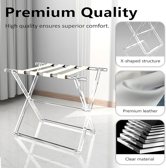 Acrylic Luggage Rack for Guest Room,Folding Luggage Rack with Leather Straps,Holds up to 120 lbs Suitcase Stand for Bedroom, Living Room and Hotel (Beige Leather)