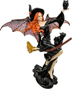 Comfy Hour 9" Dark Fairy Witch Figurine on Broom, Fantasy Sorceress with Black Cat Statue, Mystical Home Office Desktop Decor Accent, Polyresin Artisan Crafted Sculpture, 1 Piece
