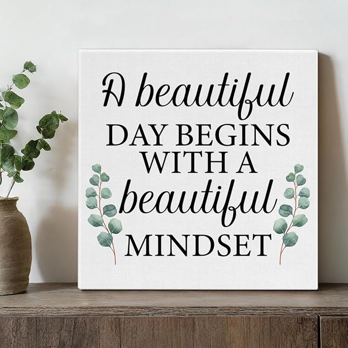 Motivational Eucalyptus Wall Art Decor, Inspirational Green Botanical Pictures Positive Quotes Canvas Painting Posters for Office Living Room Bedroom Decoration (8 X 8 Inches, Framed)