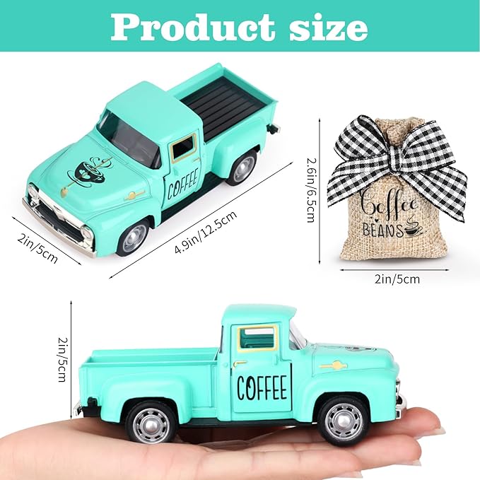 Hxezoc Coffee Decor for Coffee Bar Metal Truck with Coffee Beans Burlap Sack Vintage Pickup Mini Diecast Truck for Farmhouse Coffee Station Home Coffees Bar Tabletop Decorations (Blue)
