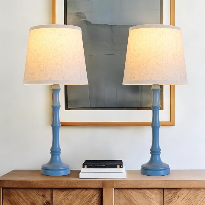 Lamps Set of 2 Modern Farmhouse Table Lamp Bedside Reading Lamps Living Room End Tables Set Lamps for Night Stands Bedroom Night Lamp,High 26.25 Inch,blue,With Fabric Lamp Shade,Bulb Not Included