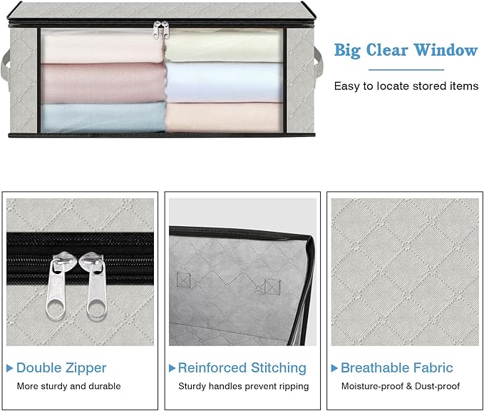 HomeHacks Storage 8-Pack Clothes Organizer Storage Bags Foldable Storage Box with Large Clear Window Sturdy Handles for Closet, Dorm, Pillows, Bedding, Clothes, Blankets, 35L, Ivory