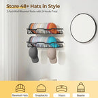 Nicetree Hat Rack for Wall - 2 Pack Metal Hat Organizer for Baseball Caps - Heavy Duty Wall Mounted Baseball Cap Organizer and Hat Storage for Closet Wall or Bedroom - Holds 48 Caps,Black