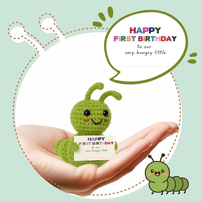 Happy First Birthday Mini Decor – Handmade Crochet Caterpillar Gift, Bday Party Decor Decorations, Photo Prop, Cute Small Birthday Keepsake Present
