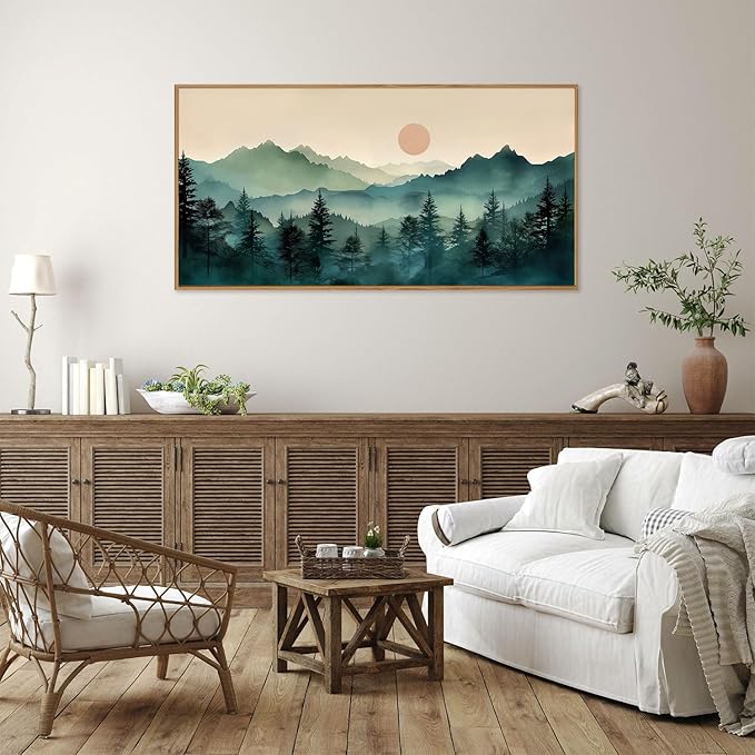 SIGNINART Large Boho Mountain Framed Canvas Wall Art, Nature Pine Tree Wall Painting, Abstract Foggy Forest Wall Decor, Modern Sunrise Art Prints for Bedroom Living Room and Office 20"x40"