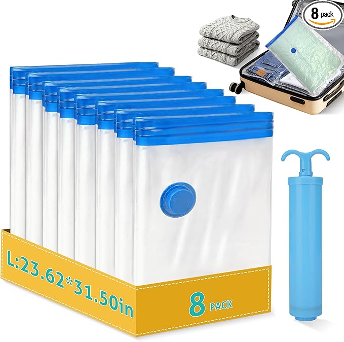 8 Pack Large Travel Vacuum Storage Bags, Portable Vacuum Seal Bags for Clothing Travel with Pump, Space Saver Bag for Luggage Suitcases Clothes Bedding Seasonal Storage