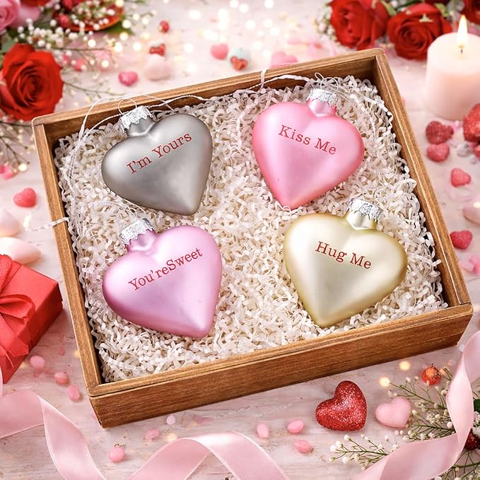 Lillian Vernon Pastel Candy Conversation Hearts Valentines Ornaments - 12-Piece Assortment, Blown Glass, Handcrafted Hanging Tree Decorations, Pastel Heart Holiday & Party Decor, 2.5 in Tall
