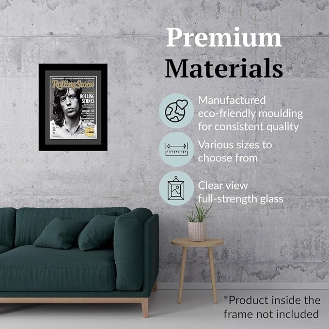 Creative Picture Frames 10.5 x 12.5 Magazine Frame with Full-Strength Glass, Holds Up To A 1/4" Thick Media with Installed Hangers for Easy Mounting, 12x14 Manhattan Black Frame with Black Mat