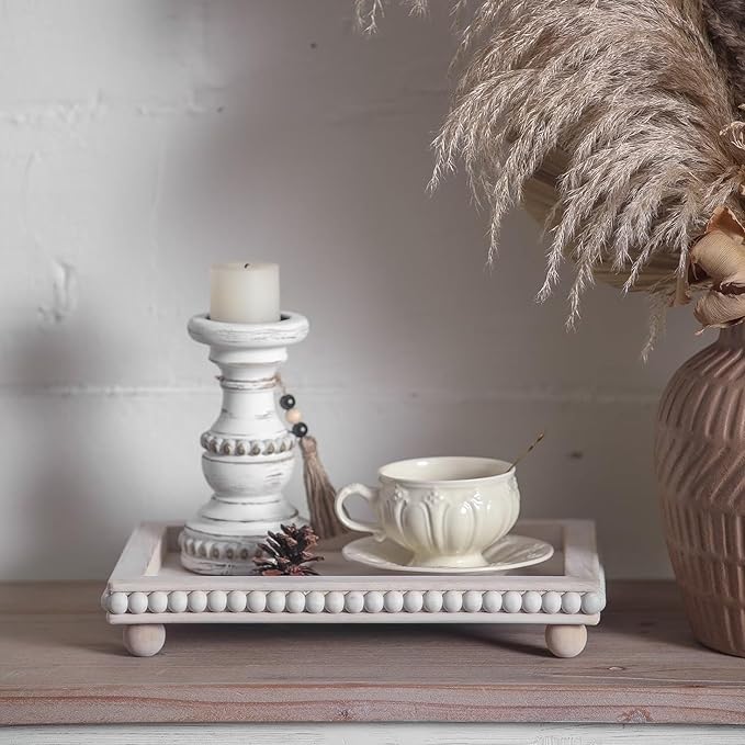 Decorative Coffee Table Tray, 13.5 x 9.7 Inch White Washed Wooden Beaded Tray with Removable Legs, Rustic Farmhouse Rectangular Tray for Coffee Table, Kitchen Counter and Vanity Decor