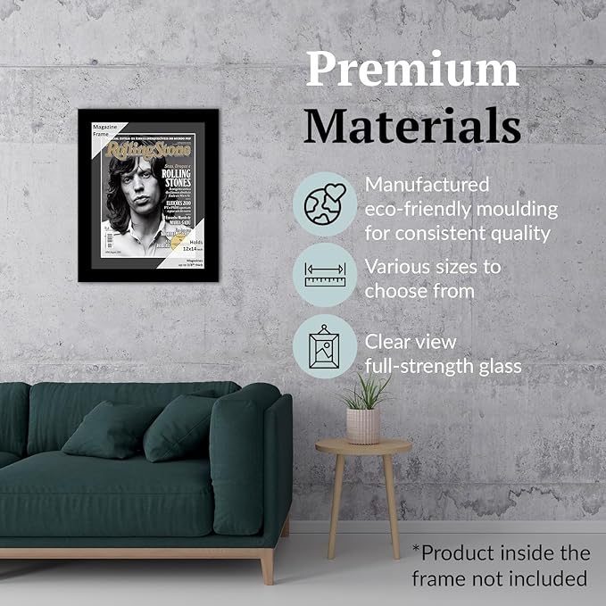 Creative Picture Frames 12 x 14 Magazine Frame with Full-Strength Glass, Holds Up To A 1/4" Thick Media with Installed Hangers for Easy Mounting, 14x16 Black Frame with Black Mat