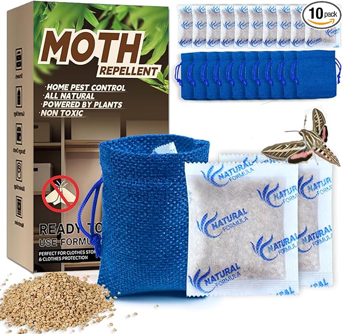 10 Pack Natural Moth Repellent for Clothes Indoor Use, Alternative Moth Balls Moth Traps for Clothes, Peppermint and Thyme Essential Oils Effectively Keep Moths Away from Closet Drawers Woolen Silk