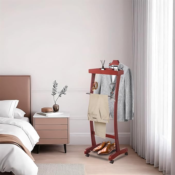 Wooden Suit Valet Stand, with Wheels mobile Floor Standing Suit Coat Stand With Contour Hanger Trouser Bar And Top Storage Tray, Freestanding Valet Stand for Men Women Office Living Room Wine red
