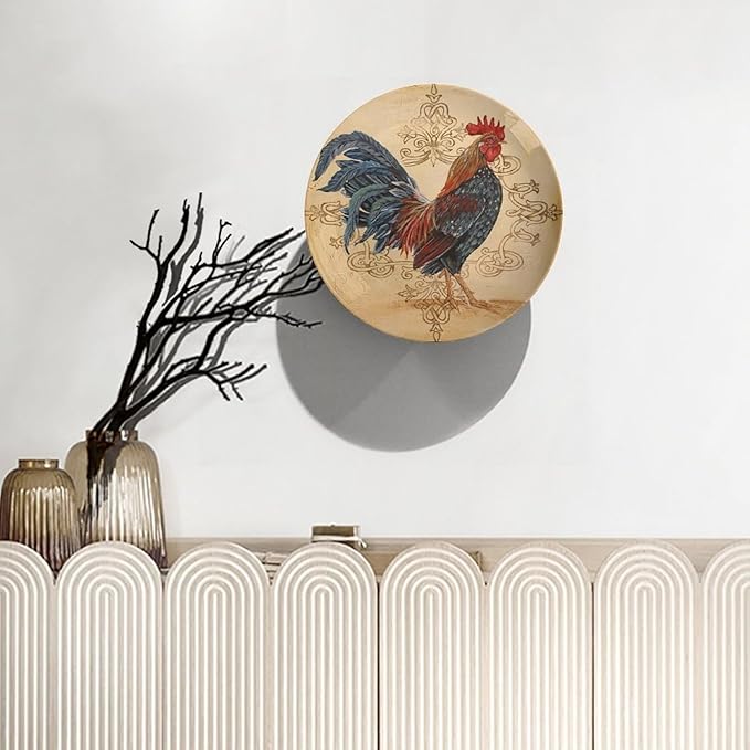 Rooster Decorative Ceramic Plates, 6 Inch, Rooster On A Khaki Background Round Display Plate, Table Top Plate Decor with Stand, Ceramic Craft for Wall Hanging Decorative