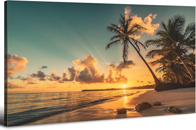 Beach Wall Art Palm Tree Pictures Sunset Coastal Landscape Bathroom Wall Decor Tropical Ocean Canvas Prints Nature Seascape Painting Artwork for Living Room Bedroom Office Home Decoration 24x48"