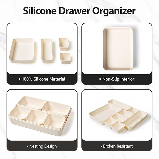 ISSEVE 8Pcs Nesting Silicone Drawer Organizer Trays, 4 Size Versatile Vanity Bathroom & Desk Drawer Organizer Set Storage Bins for Office,Kitchen,Nightstand,White