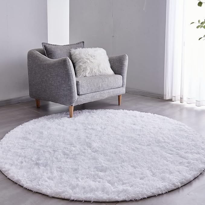 FJZFING White Round Rug Ultra-Soft Plush Modern 7x7 Circle Area Rug for Kid's Bedroom, Fluffy Shag Circular Rug for Nursery Room, Non-Slip Home Decor Cute White Carpet for Teen's Room