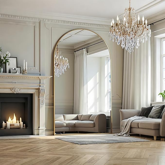 Dewfig Arched Full Length Mirror, 81"x41" Large Floor Mirror with Stand, Oversized Full Body Mirrors for Leaning or Hanging, Wall Mounted Mirrors for Bedroom, Living Room,Dressing Room, Gold