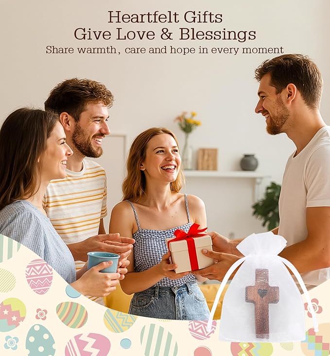 60Pcs Wooden Cross Bulk Worry Cross with Organza Bags Handcrafted Walnut Pocket Cross My Heart Handheld Prayer Cross Anxiety Stress Relief Christian Faith Encouragement Gifts for Church Ministry