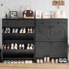 Shoe Cabinet with 2 Flip Drawers & 2 Drawers,Farmhouse Shoe Storage Cabinet for Entryway,Slim Freestanding Narrow Organizer Rack for Front Door Entrance,Black