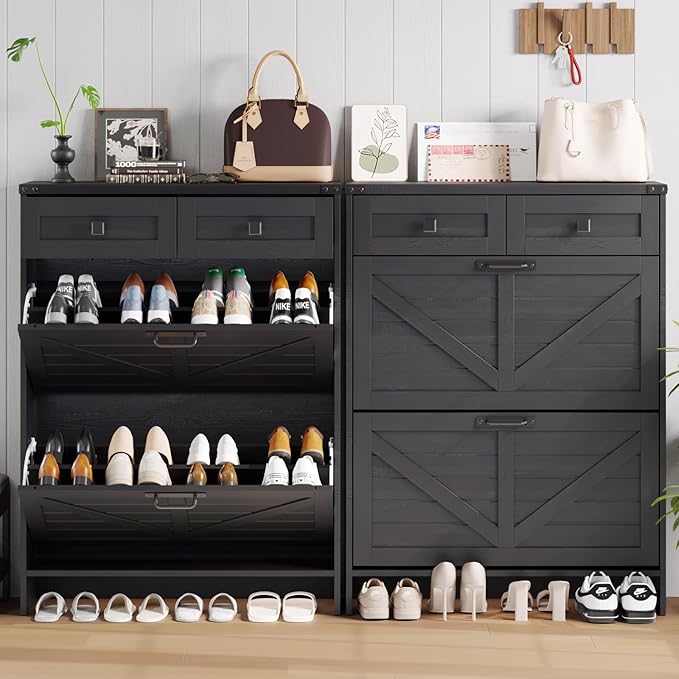 Shoe Cabinet with 2 Flip Drawers & 2 Drawers,Farmhouse Shoe Storage Cabinet for Entryway,Slim Freestanding Narrow Organizer Rack for Front Door Entrance,Black