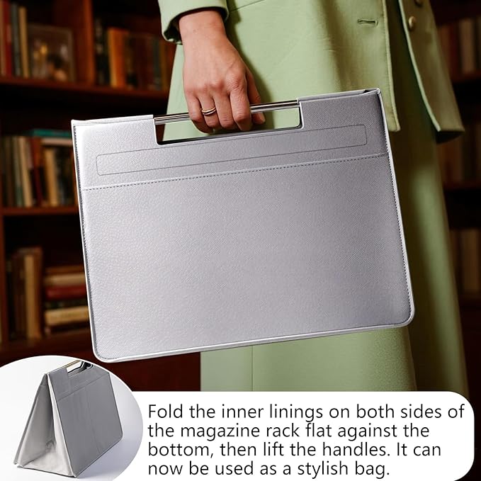 Leather Magazine Holder Foldable with Handles，Stable Magazine Rack Floor，Magazine Basket File Holder Storage，Document File Folder Organizer Free Standing for Office Living Room (grey)