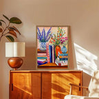 Vintage Floral Book Wall Art Color Book Still Life Wall Decor Painting Pictures Fashion Flower Bookshelf Poster Canvas Print Artwork for Bedroom Living Room 16x24 inch Wood Framed
