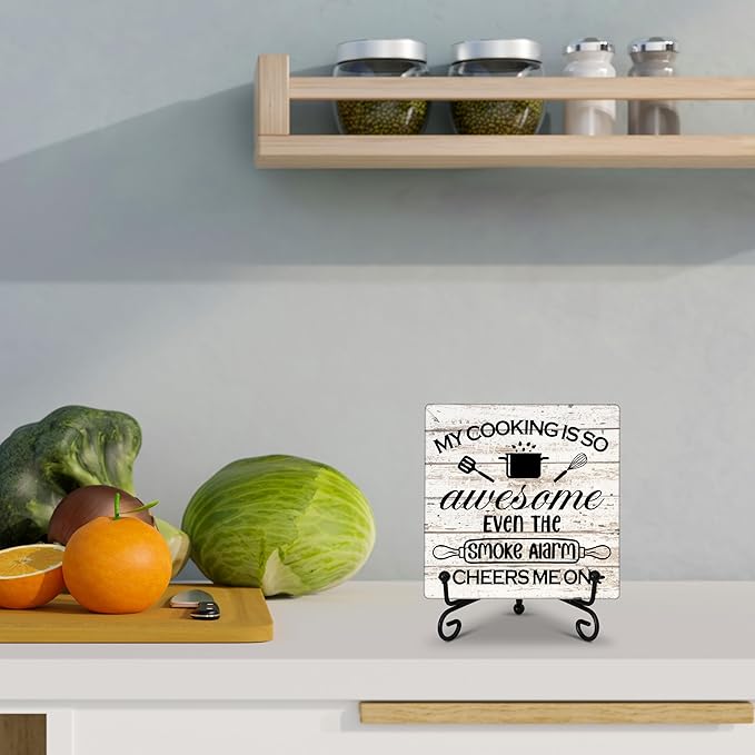 Kitchen Counter Decor, My Cooking Is So Awesome, Table Decorations for Dining Room, Farmhouse Kitchen Wooden Plaque with Iron Stand for Table Shelf Display-A03