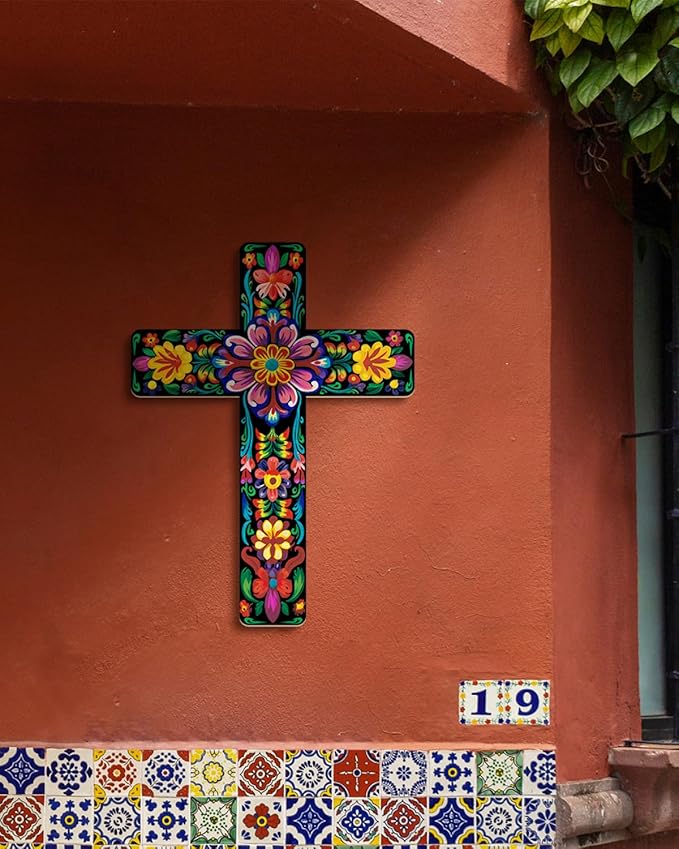 Putuo Decor Floral Cross Wall Decor Painted Decorative Wooden Inspirational Cross Spanish Style Wall Cross Decor Mexican Art Wall Decor Crucifix for Home Room Church Decoration