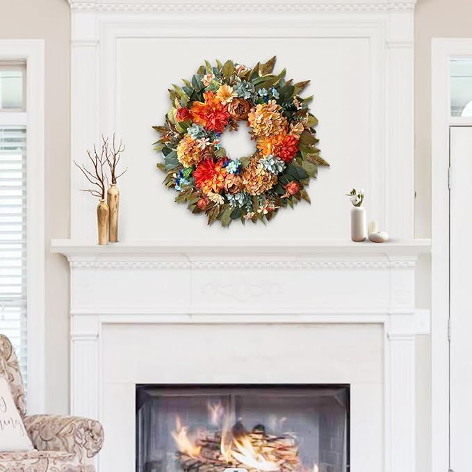 WANNA-CUL 24 Inch Spring Hydrangea &Peony Wreaths for Front Door, Summer Fall Door Wreath with Orange Dahlia Flowers for Wedding or Indoor&Outdoor Decoration