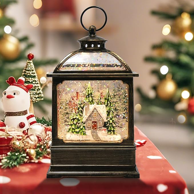 Christmas Snow Globe Lantern with 8 Music Songs & 6H Timer Water Snow Globe Lantern USB & Battery Operated for Christmas Festival Decorations Gifts (House)