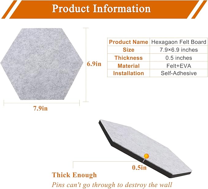 8Pcs Hexagon Felt Cork Board Tiles, Self Adhesive DIY Bulletin Board Pin Board for Office School Home Wall Decor Stickers Memos Photos Display (Gradual Orange)