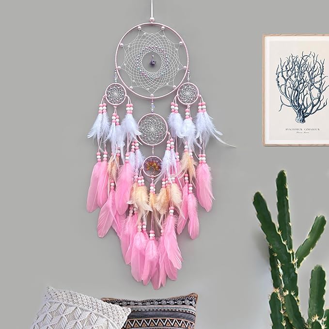 Large Dream Catchers, Boho Handmade Native Macrame Dream Catchers Wall Hanging for Bedroom Living Room Wedding Party Decor, Festival Blessing Craft Gift for Kids Boys Girls (Pink & White)