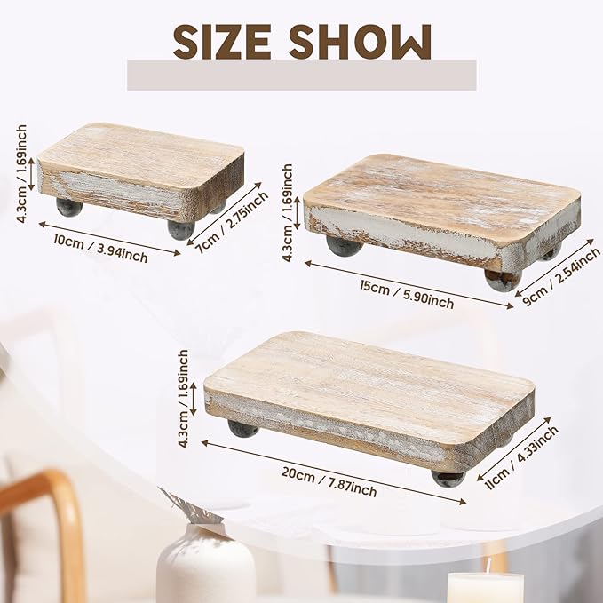 Maitys 3 Pcs Wooden Risers for Display Pedestal Stand Wooden for Decor Farmhouse Vintage Rustic Stackable Kitchen Stand Tray Riser, 3 Sizes(8 x 4.3, 6 x 3.5, 4 x 2.8 in,White)