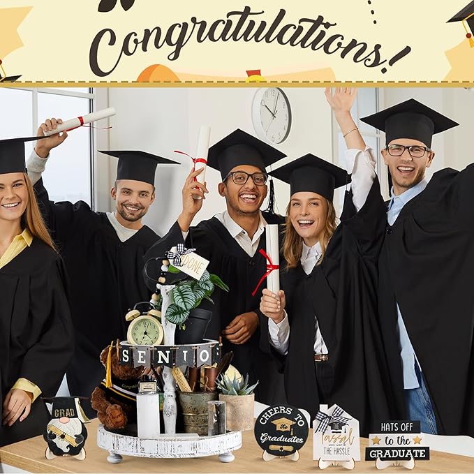 Mifoci 19 Pcs Graduation Tiered Tray Decor Set 2026 Graduation Farmhouse Wooden Sign Tray Decorative for Party Kitchen Table Centerpiece Supplies