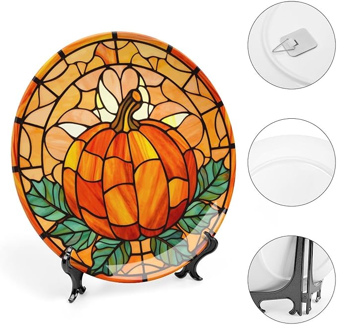Fall Decorative Plates for Wall Hanging, Stained Glass Pumpkin & Leaves Ceramic Plate, Wobble-Plate with Display Stand, Home Decor for Kitchen Cabinets, Farmhouse Round Tray 10 Inch