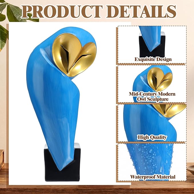 Thyle 1 Pcs Mid Century Modern Owl Statue for Home Decor Accents Resin Owl Sculpture Handmade Vintage Modern Birds Statue for Bookshelves Desk Living Room Display Collectible Gift (Blue,15.8 Inch)