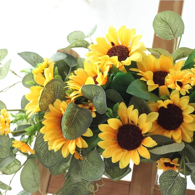 Artificial Sunflower Swag,Handmade Floral Garland Decorative Swag with Green Leaves,Handmade Floral Wreath Decorative Sunflower Wreath,Hanging Arch Garland