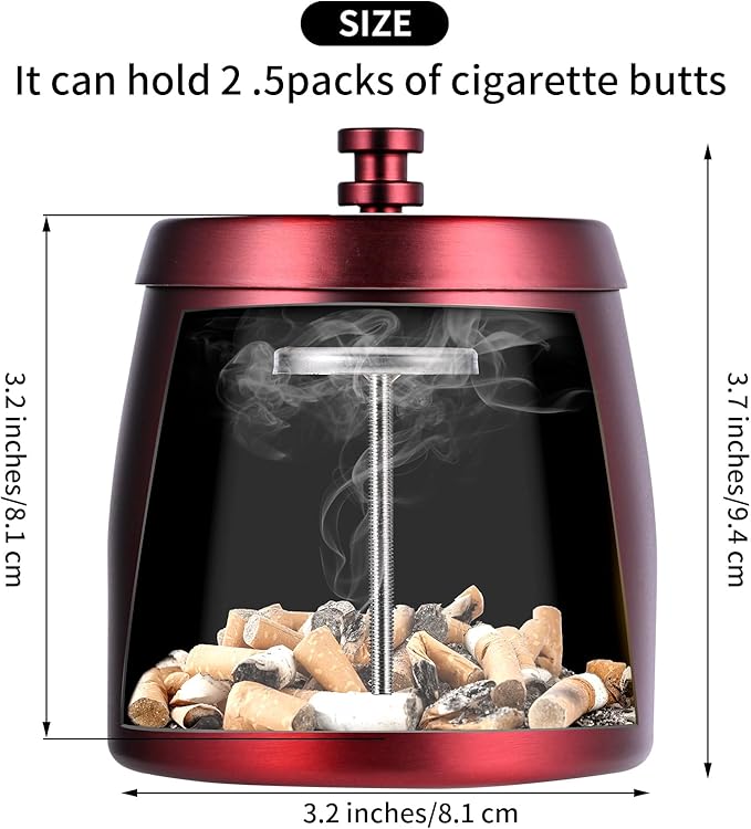 HARTAR Smokeless Ashtrays for Cigarettes Indoor, Ash Tray Sets Outdoor Windproof Cute Home Large Funny Metal Outside Ashtray with Lid for Cigarettes Butt Can for Outside Patio, Red, Small