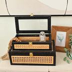 Black Rattan Decorative Storage Boxes with Glass Lids – Set of 2 Ribbed Wood Display Cases with Cane Weave & Solid Base – Nesting Coffee Table Organizer for Boho Chic Home Decor, Keepsakes