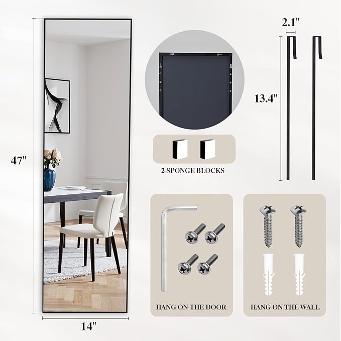 DUMOS 47"x14" Full Length Door Mirror, Full Body Mirror with Aluminum Alloy Thin Frame, Leaning or Hanging, Suitable for Bedroom, Livingroom, Cloakroom, Black