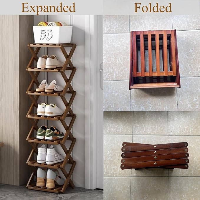 Foldable Shoe Rack, Bamboo Vertical Shoe Organizer Tall for Small Spaces. Multifunctional Narrow Shoe Shelf for Entryway, Closet, Corner, Bedroom, Hallway, Brown Color 6 Layers