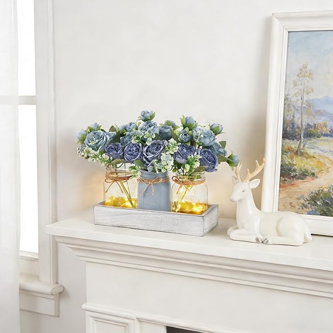 Mkono Mason Jar Lights Centerpiece Table Decor for Dining Room Farmhouse Wood Tray with 3 Jars Flowers Center Pieces Spring Decor for Coffee Table Kitchen Living Room, Grey Blue