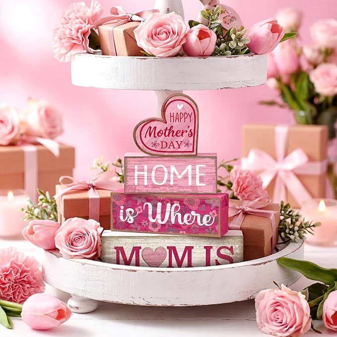 Lineshading 4 Pcs Mothers Day Table Decorations Wooden Pink Heart Decor Happy Mother's Centerpieces Gifts for Mom from Daughter Son Mothers Day Decorations for Home Shelf Indoor Party Decoration